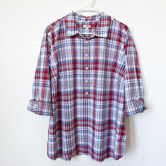 Talbots Tops - Talbots Woman 2X Red Blue Plaid Button Up Shirt Rolled Sleeve Summer Lightweight